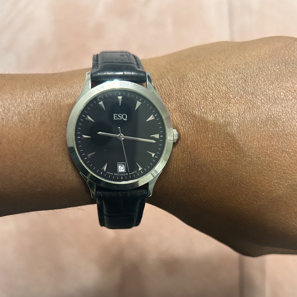 Esq by Movado watch black leather belt with silver face
